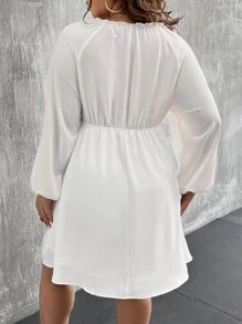 SHEIN LUNE Plus Tie Neck Guipure Lace Insert Lantern Sleeve Dress - White - View 2