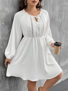 SHEIN LUNE Plus Tie Neck Guipure Lace Insert Lantern Sleeve Dress - White - View 4