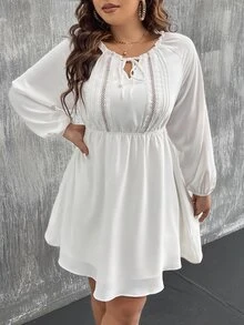 SHEIN LUNE Plus Tie Neck Guipure Lace Insert Lantern Sleeve Dress - White - View 6