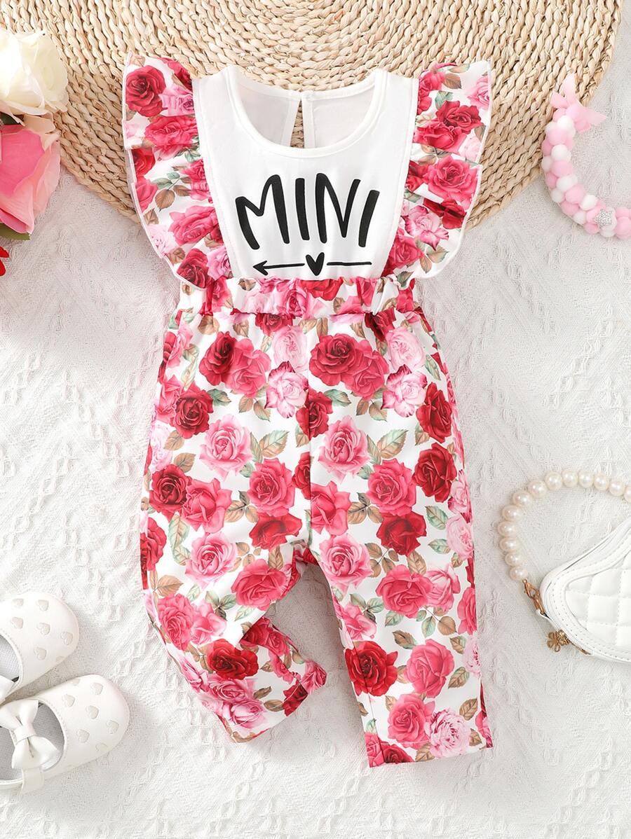 Bebé Mono con estampado floral y letra ribete con fruncido 2 en 1