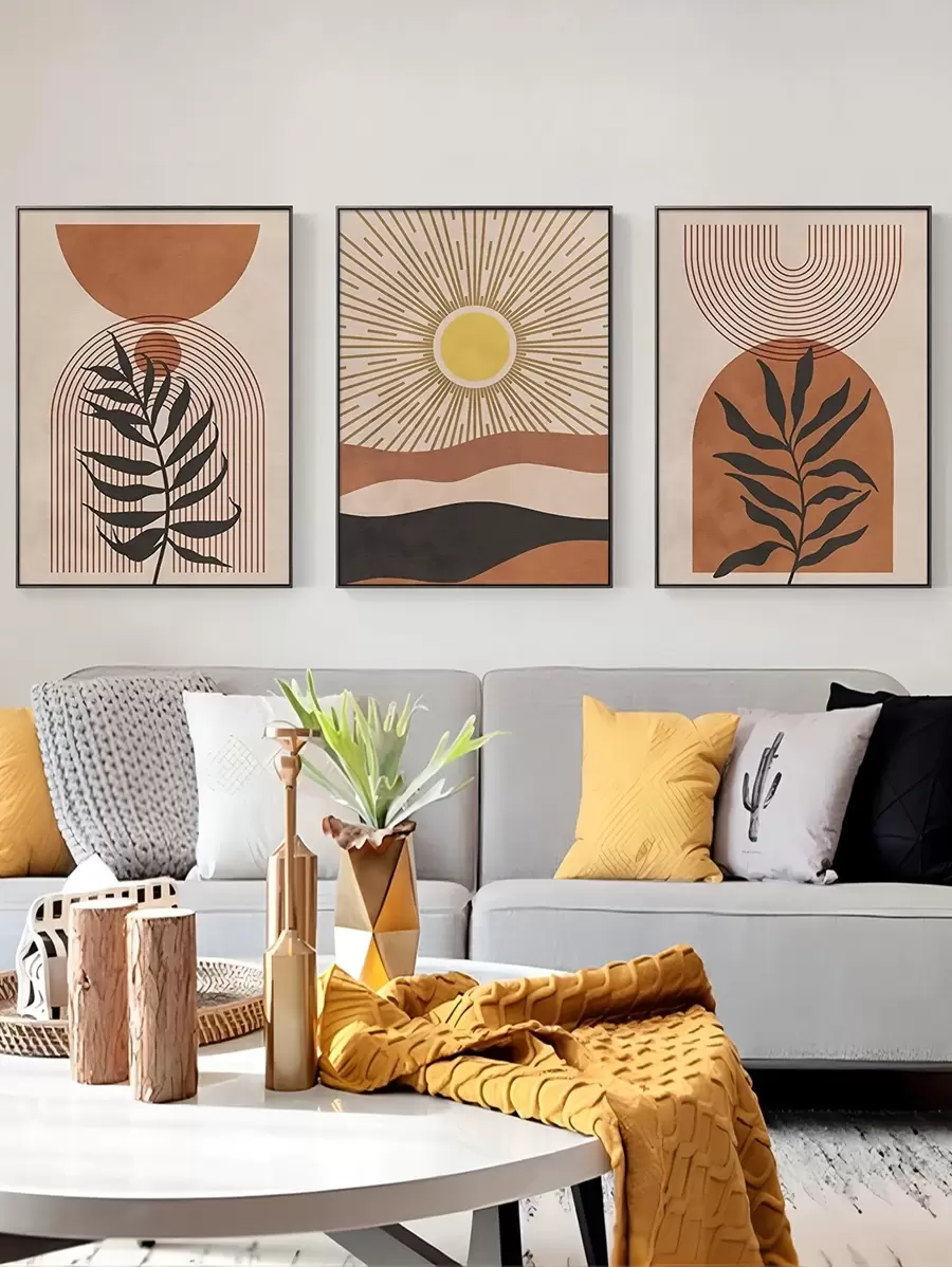 3 件装北欧简约各种几何形状、现代艺术图案、帆布材质、适用于家庭客厅装饰画艺术墙无框画、西式家居装饰、房间海报、极简主义墙面装饰、房间装饰美学、房间装饰用品 - 彩色 - 查看 1
