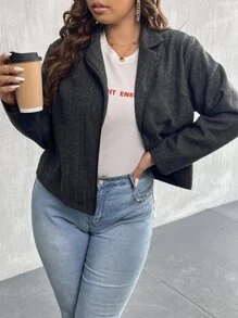 Calvaya Plus Lapel Neck Zip Up Jacket - Dark Grey - View 5