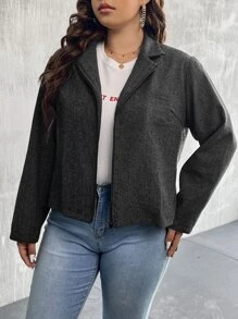 Calvaya Plus Lapel Neck Zip Up Jacket - Dark Grey - View 6