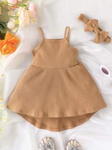 Baby Solid Cami Dress & Accessory Headband - Brown - View 1