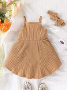 Baby Solid Cami Dress & Accessory Headband - Brown - View 2