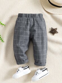 Baby Boy Grid Print Trousers - Dark Grey - View 1