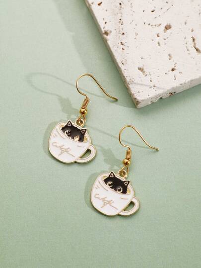 Cup & Cat Decor Drop Earrings