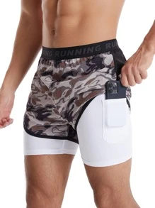 Men Camo Print 2 In 1 Sports Shorts With Phone Pocket - Multicolor - View 1