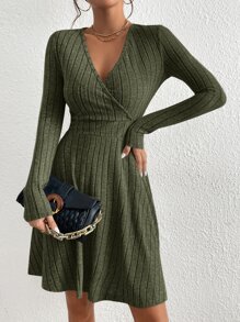 SHEIN Essnce Surplice Neck Ribbed Knit Dress - Army Green - View 3