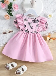 Bebé Vestido con estampado de mariposa ribete con fruncido con lazo delantero de manga farol - Rosa - Ver 2