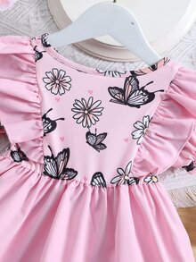 Bebé Vestido con estampado de mariposa ribete con fruncido con lazo delantero de manga farol - Rosa - Ver 4
