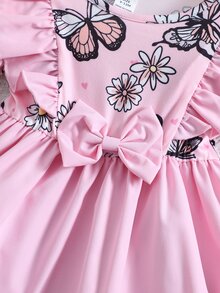 Bebé Vestido con estampado de mariposa ribete con fruncido con lazo delantero de manga farol - Rosa - Ver 5