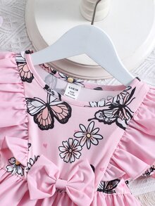 Bebé Vestido con estampado de mariposa ribete con fruncido con lazo delantero de manga farol - Rosa - Ver 7