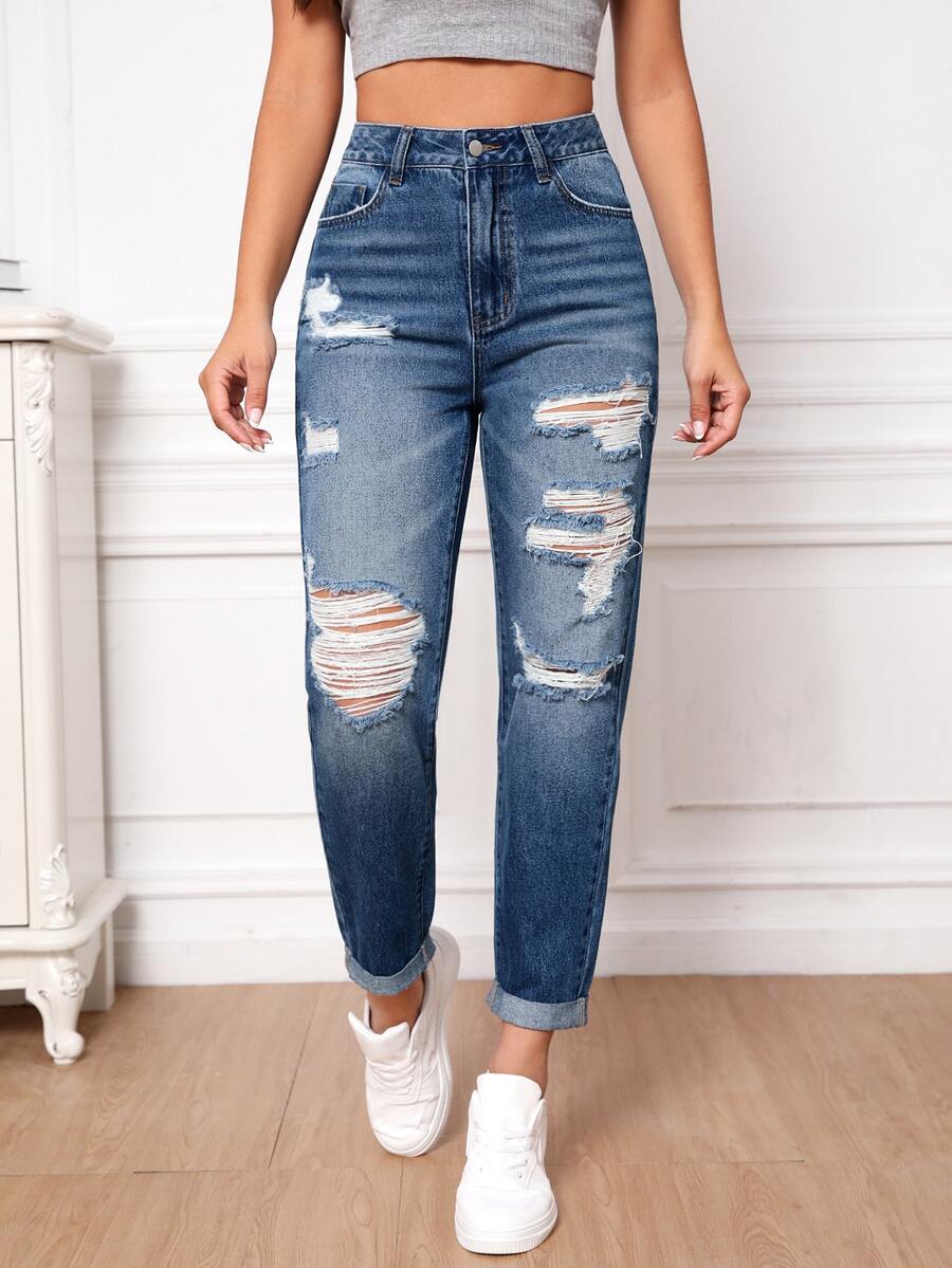 High Waist Ripped Roll Up Hem Mom Fit Jeans - Light Wash - View 1
