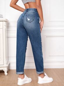 High Waist Ripped Roll Up Hem Mom Fit Jeans - Light Wash - View 2