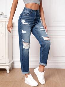 High Waist Ripped Roll Up Hem Mom Fit Jeans - Light Wash - View 4