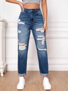 High Waist Ripped Roll Up Hem Mom Fit Jeans - Light Wash - View 5