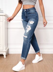 High Waist Ripped Roll Up Hem Mom Fit Jeans - Light Wash - View 6
