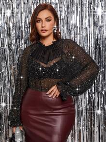 SHEIN SXY Plus Ruffle Trim Flounce Sleeve Glitter Top Without Bra - Black - View 4