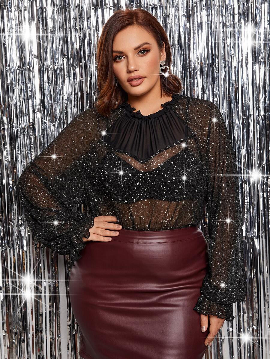SHEIN SXY Plus Ruffle Trim Flounce Sleeve Glitter Top Without Bra - Black - View 1