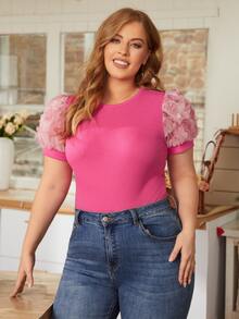 SHEIN Clasi Áo thun Plus size Gân đan Đề can Khối Màu Giải trí - Màu Hồng Tươi - Xem 3