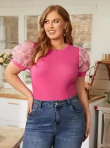SHEIN Clasi Áo thun Plus size Gân đan Đề can Khối Màu Giải trí - Màu Hồng Tươi - Xem 1