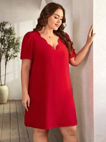 SHEIN Clasi Vestido túnico ribete en abanico de manga farol - Rojo - Ver 1