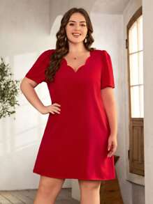 SHEIN Clasi Vestido túnico ribete en abanico de manga farol - Rojo - Ver 4