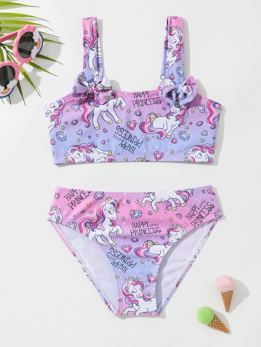 年轻女孩卡通图形蝴蝶结前比基尼套装夏日海滩 - 紫色 - 查看 1