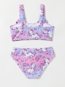 年轻女孩卡通图形蝴蝶结前比基尼套装夏日海滩 - 紫色 - 查看 2