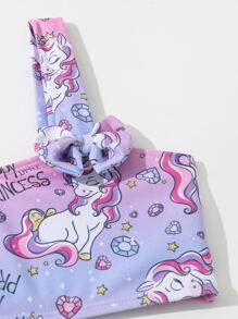 年轻女孩卡通图形蝴蝶结前比基尼套装夏日海滩 - 紫色 - 查看 3