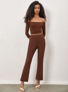 SHEIN BASICS Cotton Solid Flare Leg Trousers - Coffee Brown - View 1