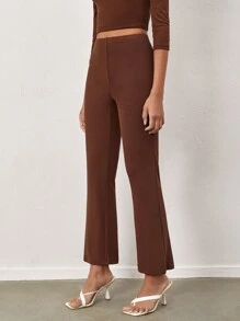 SHEIN BASICS Cotton Solid Flare Leg Trousers - Coffee Brown - View 3