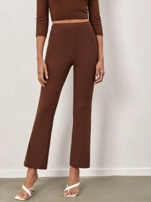 SHEIN BASICS Cotton Solid Flare Leg Trousers - Coffee Brown - View 5