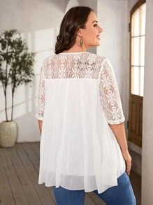 SHEIN LUNE Plus Contrast Lace High Low Hem Blouse - White - View 2