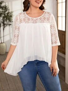 SHEIN LUNE Plus Contrast Lace High Low Hem Blouse - White - View 3