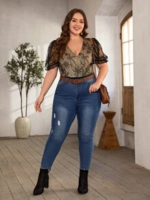 SHEIN Clasi 大碼交疊領泡泡袖蕾絲連體衣 - 彩色 - 查看 3