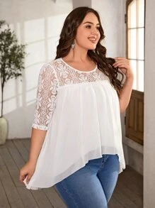SHEIN LUNE Plus Contrast Lace High Low Hem Blouse - White - View 4