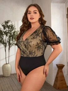 SHEIN Clasi 大碼交疊領泡泡袖蕾絲連體衣 - 彩色 - 查看 5