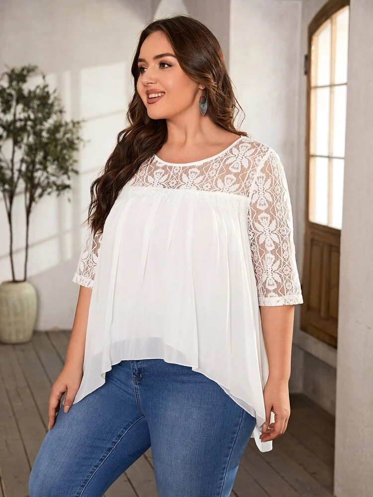 Plus Contrast Lace High Low Hem Blouse