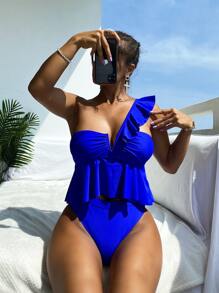 Ruffle Hem One Shoulder Tankini Summer Beach - Royal Blue - View 1