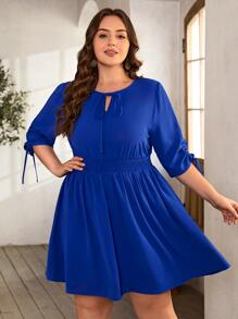 SHEIN LUNE Plus Tie Neck Drawstring Cuff Shirred Waist Dress - Royal Blue - View 1