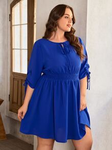 SHEIN LUNE Plus Tie Neck Drawstring Cuff Shirred Waist Dress - Royal Blue - View 3