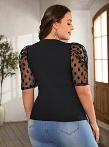 SHEIN Privé Plus Sweetheart Neck Contrast Dobby Mesh Puff Sleeve Tee - Black - View 2