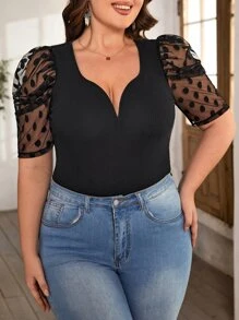 SHEIN Privé Plus Sweetheart Neck Contrast Dobby Mesh Puff Sleeve Tee - Black - View 3