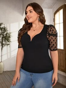 SHEIN Privé Plus Sweetheart Neck Contrast Dobby Mesh Puff Sleeve Tee - Black - View 4