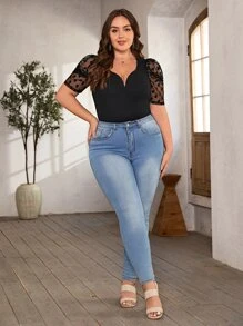 SHEIN Privé Plus Sweetheart Neck Contrast Dobby Mesh Puff Sleeve Tee - Black - View 5