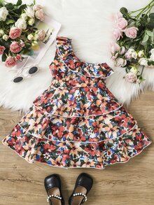 Toddler Girls Allover Floral Print One Shoulder Ruffle Hem Dress - Multicolor - View 2