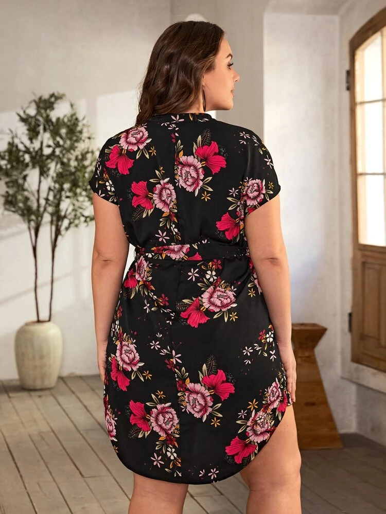 Plus Floral Print Batwing Sleeve Belted Dress, Summer,Beach Dress Sundress,Holiday Outfits Boho