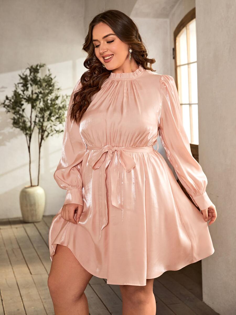 SHEIN LUNE Plus Frilled Neck Lantern Sleeve Belted Dress - Baby Pink - View 1